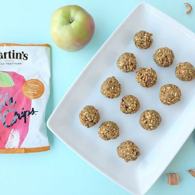This caramel apple no bake energy bites recipe is delicious, nutritious and perfect for school lunches. It is nut free and easy to make in less than 5 minutes. Packed with protein these bliss balls are a family friendly snack idea. #Recipe #Apples #AppleRecipe #Sponsored