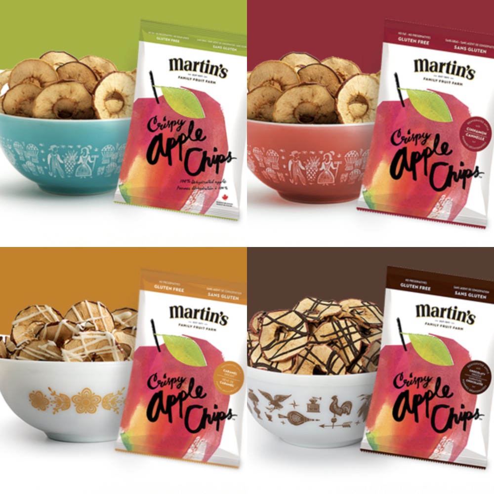 4 varieties of Martins Apple Chips- Original, Cinnamon, Caramel Dream and Chocolate Drizzle