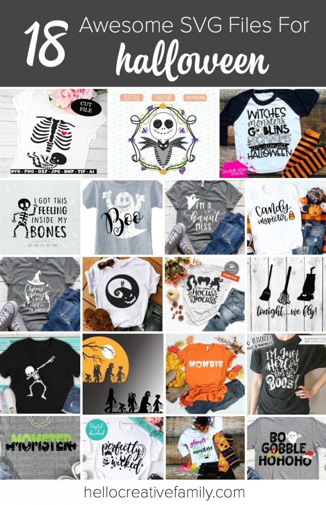 18 Awesome Halloween SVG Files To Cut With Your Cricut Or Silhouette! Pull out your cutting machine and celebrate Halloween in style! We are sharing 18 of our favorite Halloween SVG Files that are perfect for Easy DIY Halloween shirts! Make a last minute DIY Halloween costume with these fun files! #Halloween #Cricut #Silhouette #CricutProject #SVGFiles