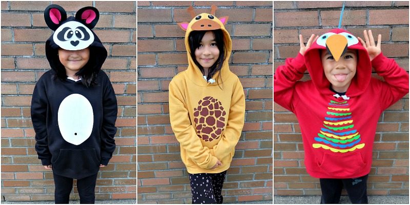 Looking for a fun idea for DIY No Sew Group Halloween Costumes? Look no further! We used HTV, felt a glue gun and our Cricut Maker to create these adorable zoo animal hoodies. We've got free cut files for a giraffe, parrot and panda! Make all three for a fun group halloween costume for kids or adults! A quick and easy Halloween Costume Idea that will take less than 30 minutes to make. #Halloween #DIY #GroupCostume #CricutMaker #Cricut #CricutMade #Sponsored