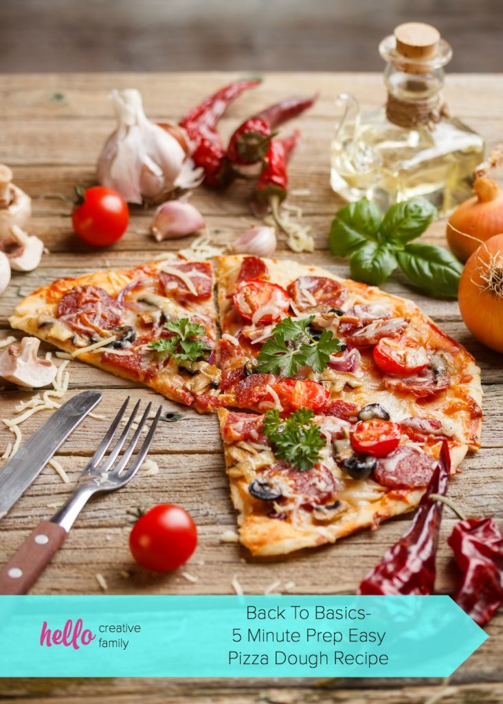 Looking for a delicious dinner idea? Try this 5 minute prep easy pizza dough recipe! Prep your dough in minutes and get the kids cooking with you rolling out there dough and picking their toppings! Makes a super yummy thin crust pizza that your whole family will love! #Recipes #Pizza #Easy #30minutemeal