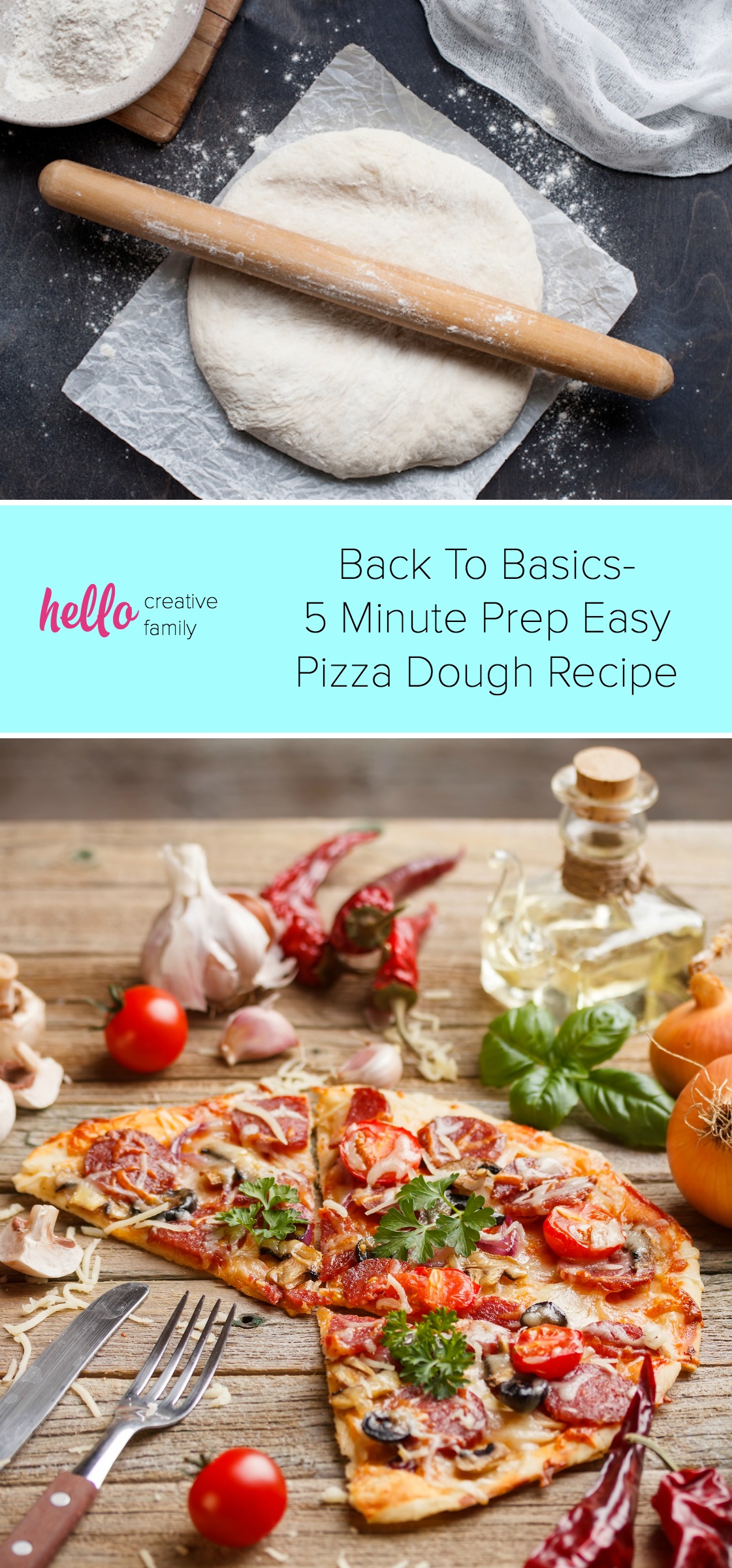 Looking for a delicious dinner idea? Try this 5 minute prep easy pizza dough recipe! Prep your dough in minutes and get the kids cooking with you rolling out there dough and picking their toppings! Makes a super yummy thin crust pizza that your whole family will love! #Recipes #Pizza #Easy #30minutemeal
