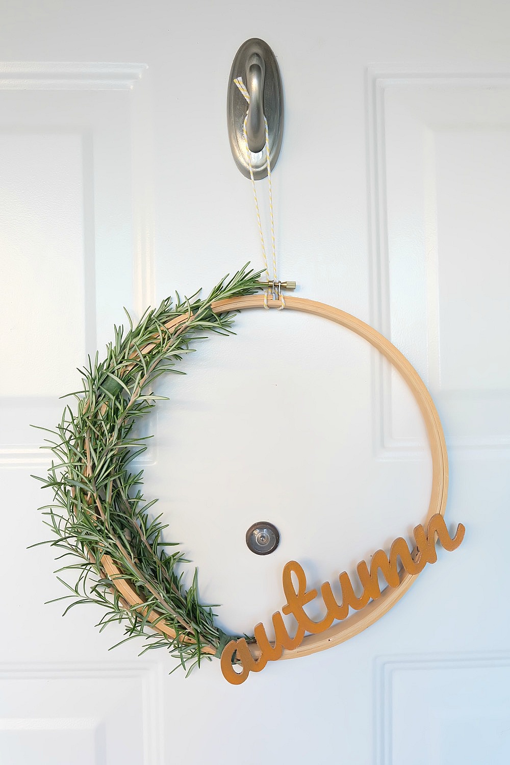 Create a simple DIY Rosemary Autumn Wreath to celebrate fall with our free Autumn SVG file and wreath tutorial. This project uses fresh rosemary from your garden, an embroidery hoop and a design cut from chipboard using your Cricut Maker. #Autumn #wreath #CricutMaker #Cricut