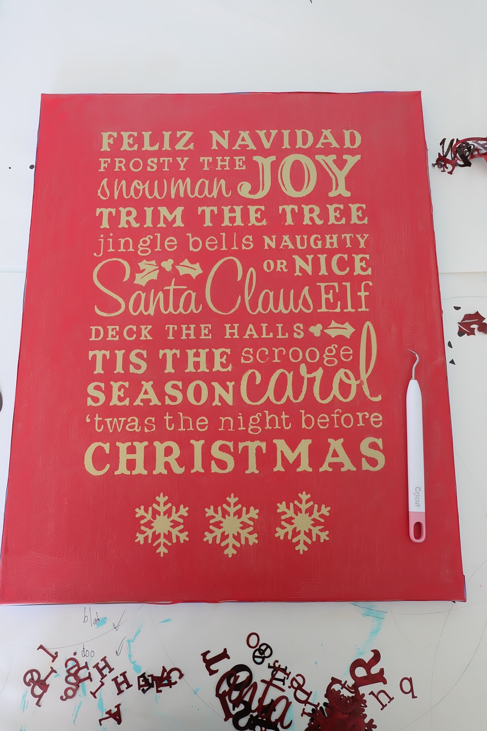 Use your Cricut Explore or Cricut Maker to make a gorgeous DIY Christmas Word Art Canvas Sign! Filled with all the words that make Christmas so special, this handmade Christmas decor will brighten any home! Made with a canvas you can find at the dollar store. This craft project would make a great inexpensive handmade Christmas Gift! #Cricut #CricutProject #DIY #Christmas #HandmadeChristmas