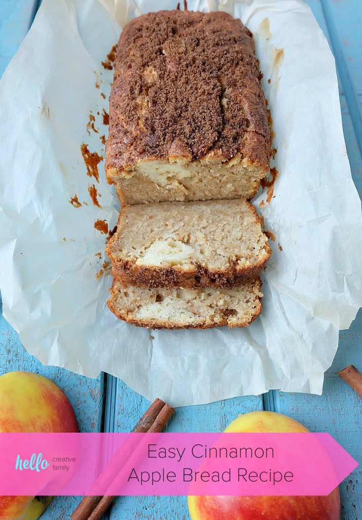 This easy cinnamon apple bread recipe is a family favorite that is perfect for breakfast or to serve for afternoon tea! Kid friendly, the apples melt right into the bread. Topped with a crunchy cinnamon and brown sugar topping. Easy to make with just 10 minutes of prep time, you're going to love baking this apple recipe! #Baking #Bread #Apples #Recipe