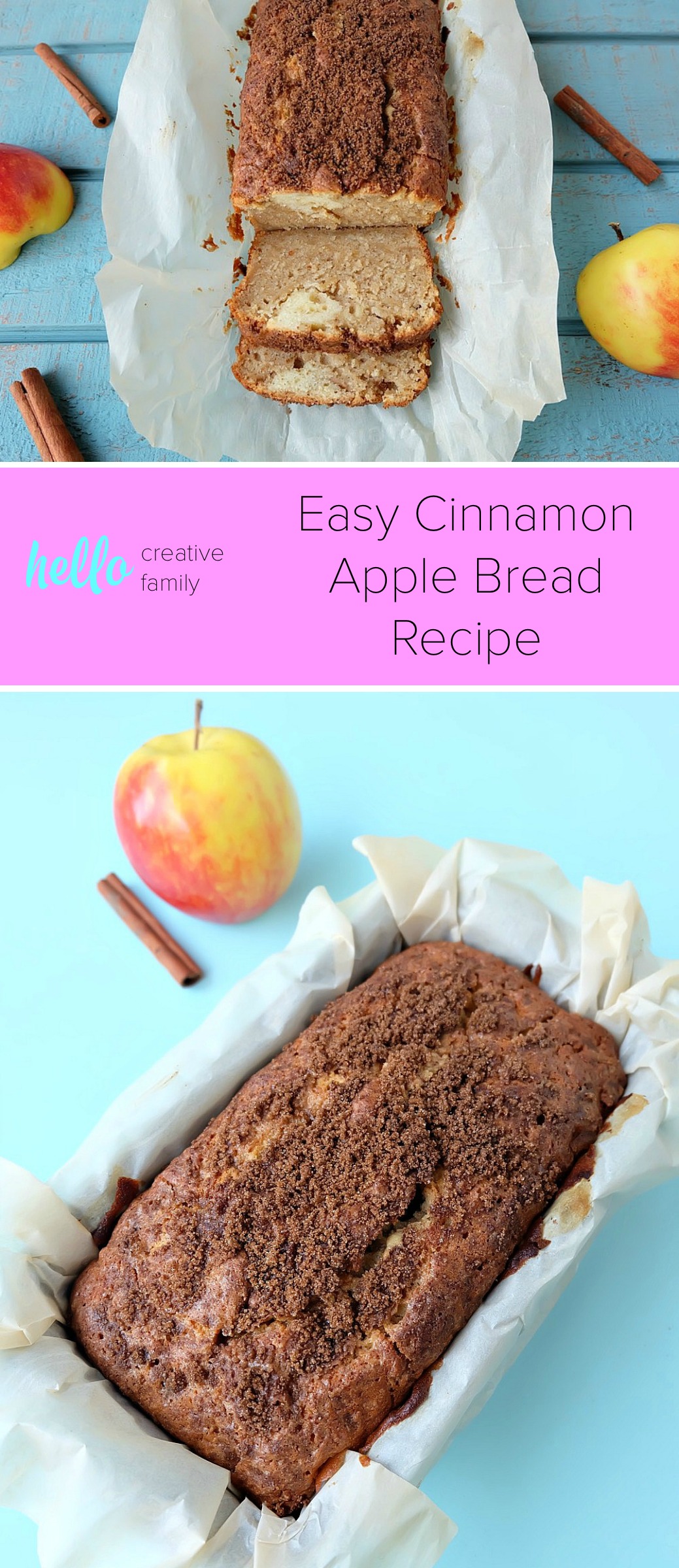 This easy cinnamon apple bread recipe is a family favorite that is perfect for breakfast or to serve for afternoon tea! Kid friendly, the apples melt right into the bread. Topped with a crunchy cinnamon and brown sugar topping. Easy to make with just 10 minutes of prep time, you're going to love baking this apple recipe! #Baking #Bread #Apples #Recipe