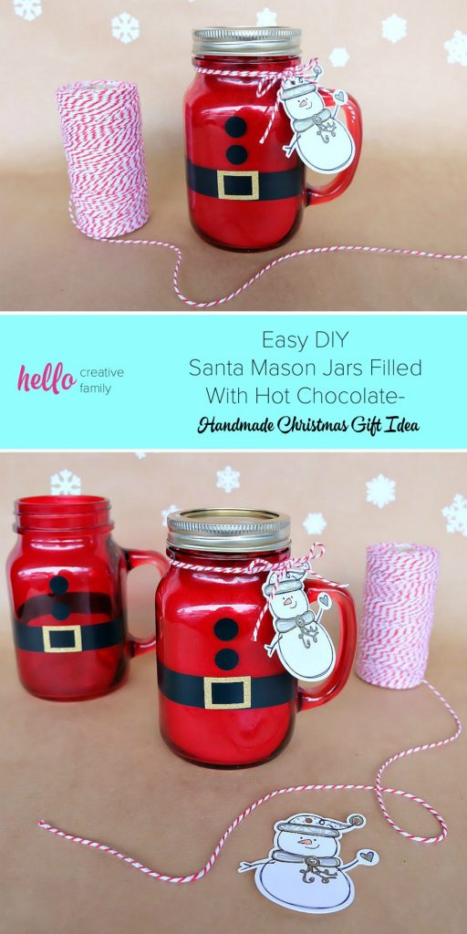 Looking for a quick and easy Christmas gift perfect for neighbors and teacher gifts? These DIY Santa Mason Jars are filled with hot chocolate and take minutes to make! Cut vinyl with scissors or we're also sharing the Cricut cut file for making this project. We're also sharing our hot chocolate mix recipe! Enjoy this handmade gift idea! #Christmas #Santa #Cricut #HandmadeGift #MasonJar