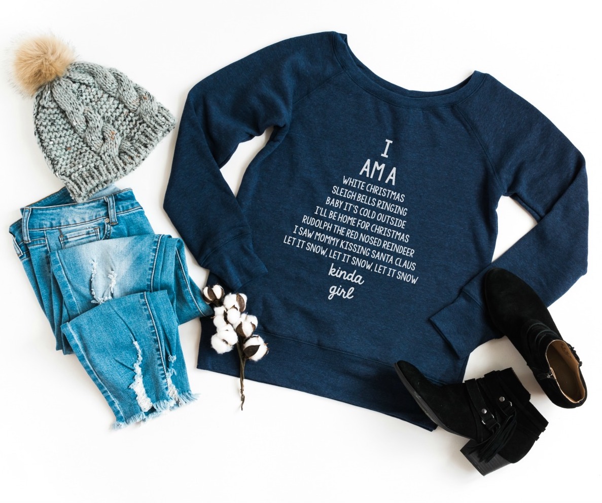 Shop Handmade Holiday Gift Guide: I Am A Classic Christmas Songs Kinda Girl Wide Neck Sweatshirt from Hello Creative Family