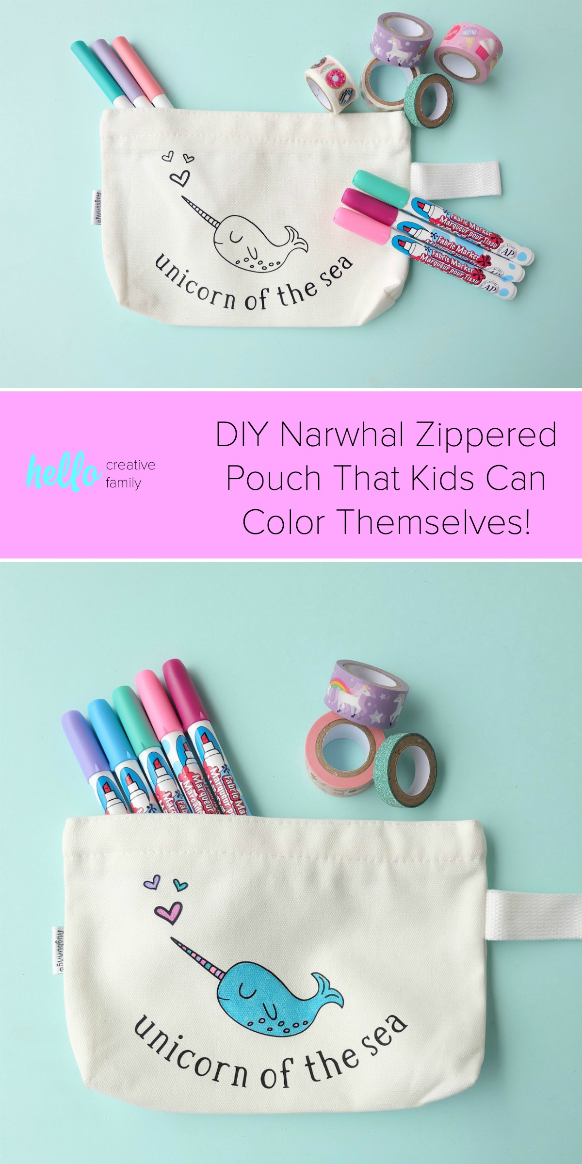 Create a sweet little DIY Narwhal Zippered Pouch that the recipient can color in! This thoughtful handmade gift takes only minutes to make and is a thoughtful handmade gift idea for kids (or adults!) It's a coloring sheet and a pencil pouch in one! #Cricut #Narwhal #DIY #Coloring