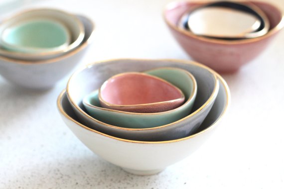 Shop Handmade Holiday Gift Guide: Gold Rimmed Nesting Bowls from Fringe and Fettle 
