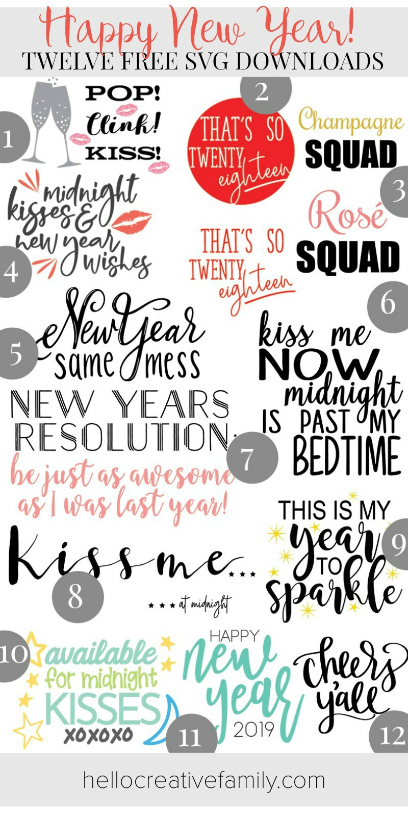  Pull out your Cricut or Silhouette and get crafting! We've teamed up with 11 of our favorite craft and DIY bloggers and are sharing 12 free New Year's Eve SVG Files! Perfect for creating handmade clothing, wine glasses, and party decorations for December 31st! #Cricut #Silhouette #SVGFiles #FreeSVG #NewYearsEve