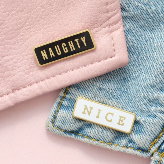 Shop Handmade Holiday Gift Guide: Naughty or Nice Alphabet Pins from Alphabet Bags