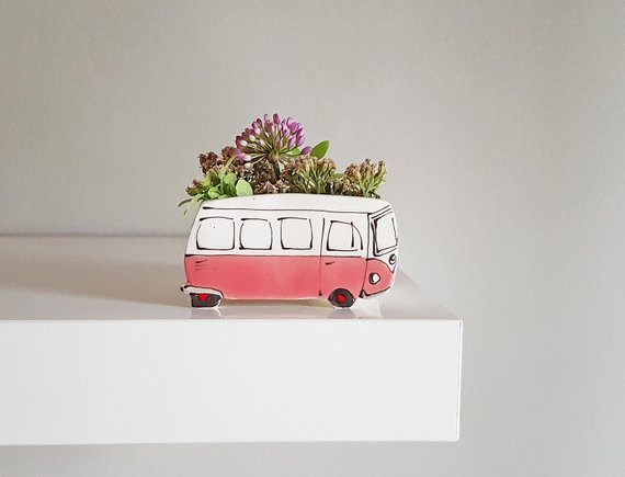 Shop Handmade Holiday Gift Guide:Pink Westfalia Succulent Planter from Julie Richard Ceramist