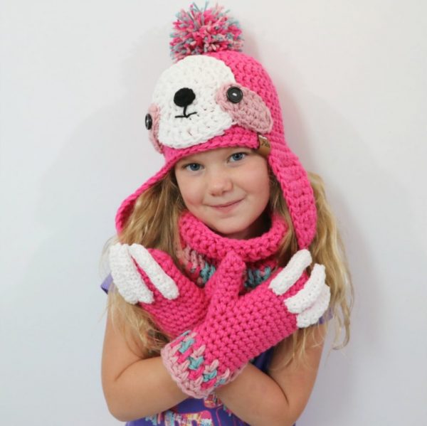 Sloth Crafts, Printables, SVG's DIY's, Food and Gift Ideas: Crocheted Sloth Hat, Cowl and Mittens from MJ's Off The Hook Designs