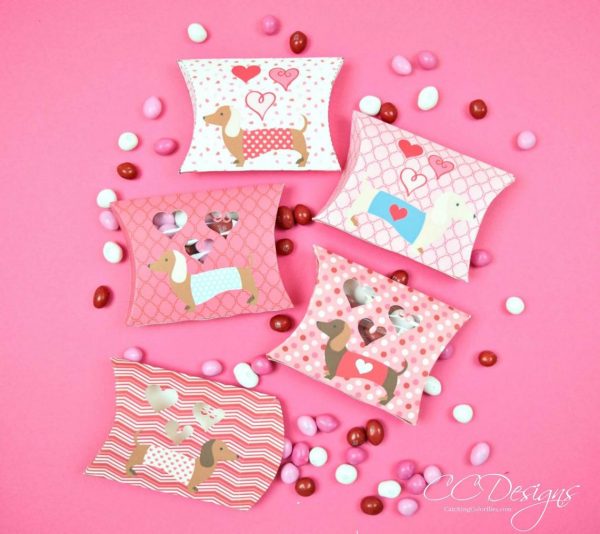 50+ Printable Valentines Day Cards:  Dachshund Pillow Box Candy Holder Printable Valentines from Catching Color Flies