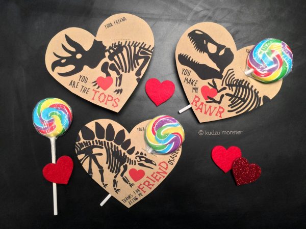 50+ Printable Valentines Day Cards: Dinosaur Fossil Lollipop Holder Printable Valentine Card from Kudzu Monster