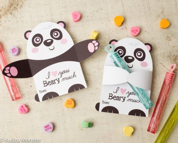 50+ Printable Valentines Day Cards: Panda Wrapping Arms Gift Holder Printable Valentine Card from Kudzu Monster.