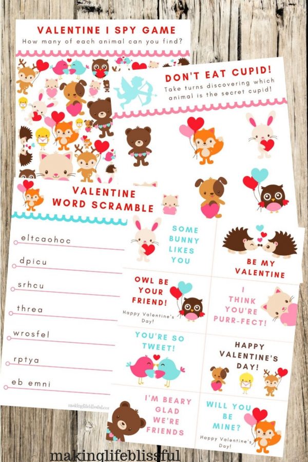 50+ Printable Valentines Day Cards: Printable Cute Animals Valentine's Day Games from Making Life Blissful