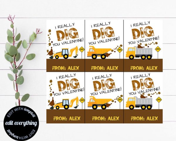 50+ Printable Valentines Day Cards: Trucks and Diggers Printable Valentine Cards from Minted Delights