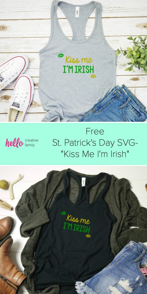 DIY your St. Patrick's Day shirt this year! Pull out your Cricut or Silhouette and get crafting with this easy idea! Use our free St Patricks Day SVG File to cut your own Kiss Me I'm Irish shirt or tank top! #StPatricksDay #StPatricksDayShirt #KissMeImIrish #Cricut #Silhouette