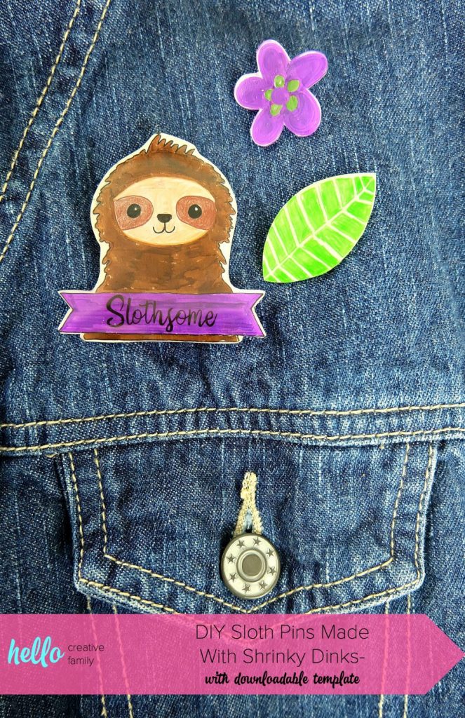 This fun craft will have you feeling nostalgic for the 80's! Learn how to make DIY Sloth Pins using Shrinky Dinks! Includes a free template for the sloth, flowers and leaves along with step by step photos and instructions! A super fun kids crafts that adults will enjoy too! Let's make flare pins! #Crafts #DIY #Sloths #shrinkydinks
