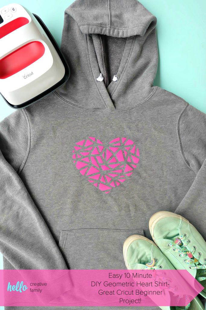 Looking for an easy Cricut beginner project? This 10 minute DIY geometric heart shirt is so cute and simple to make. A perfect first Cricut project or first htv project for those new to the Cricut world! Includes step by step photos and instructions as well as a cut file. #DIY #Cricut #CricutMade #handmade #heart