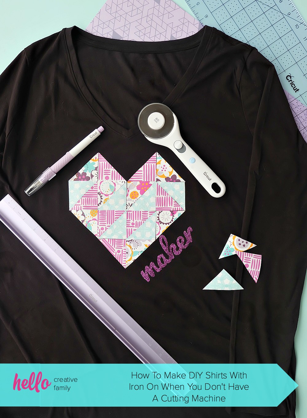 Learn how to make DIY Shirts with Iron On HTV even if you don't have a cutting machine! We share how to make a hand lettered iron on applique as well as a geometric heart design cutting by hand! #CricutMade #DIYShirts #Sponsored #Cricut #HTV