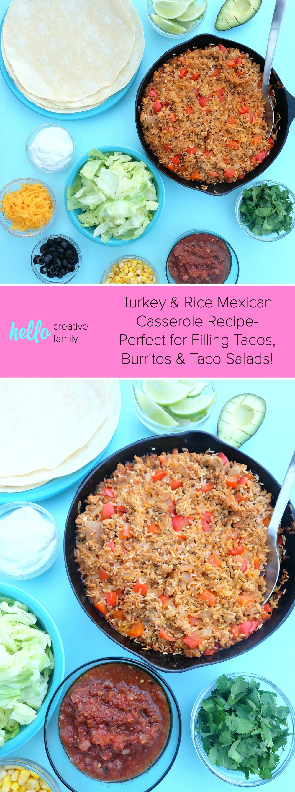 This quick and easy family friendly ground turkey and rice Mexican casserole recipe is a healthy one pan meal that takes 10 minutes to prep! Perfect for feeding a crowd or for multiple meals. Use it as a filling for tacos, burritos or as a topping for taco salad! #MakeItWithTurkey #Recipe #MexicanFood #Turkey #OnePan #sponsored