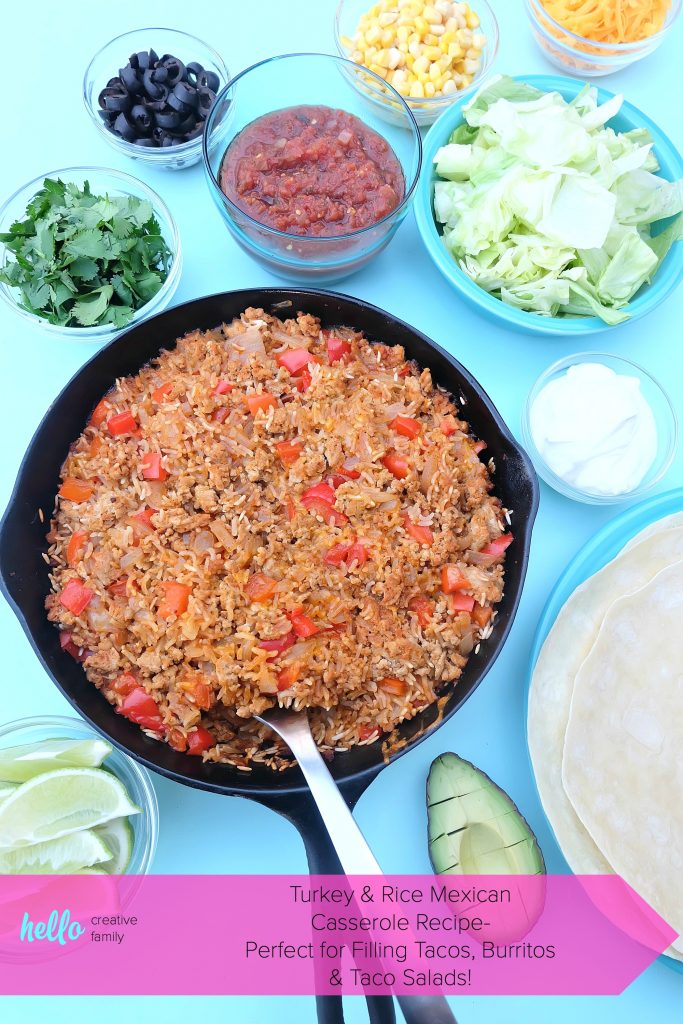 This quick and easy family friendly turkey and rice Mexican casserole recipe is a healthy one pan meal that takes 10 minutes to prep! Perfect for feeding a crowd or for multiple meals. Use it as a filling for tacos, burritos or as a topping for taco salad! #MakeItWithTurkey #Recipe #MexicanFood #Turkey #OnePan #sponsored