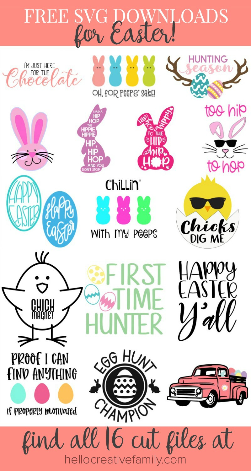 We're sharing 16 Free Easter SVG Cut Files including our very own "Chillin' With My Peeps" cut file. So pull out those Cricuts and Silhouettes and craft up an easy project! From the Easter Bunny, to adorable chicks, to Easter Eggs and Peeps! We've got your Easter crafting covered! #Cricut #Silhouette #Easter #CutFile #FreeSVG #SVG