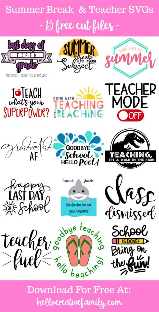 We're sharing 15 Free End of the School Year/ Summer Break/ Teacher SVG Cut Files including our very own "Teacher Shark" cut file. So pull out those Cricuts and Silhouettes and craft up an easy project! We have you covered for amazing handmade teacher gifts and graduation gifts! #Cricut #Silhouette #TeacherGift #Teacher #CutFile #FreeSVG #SVG