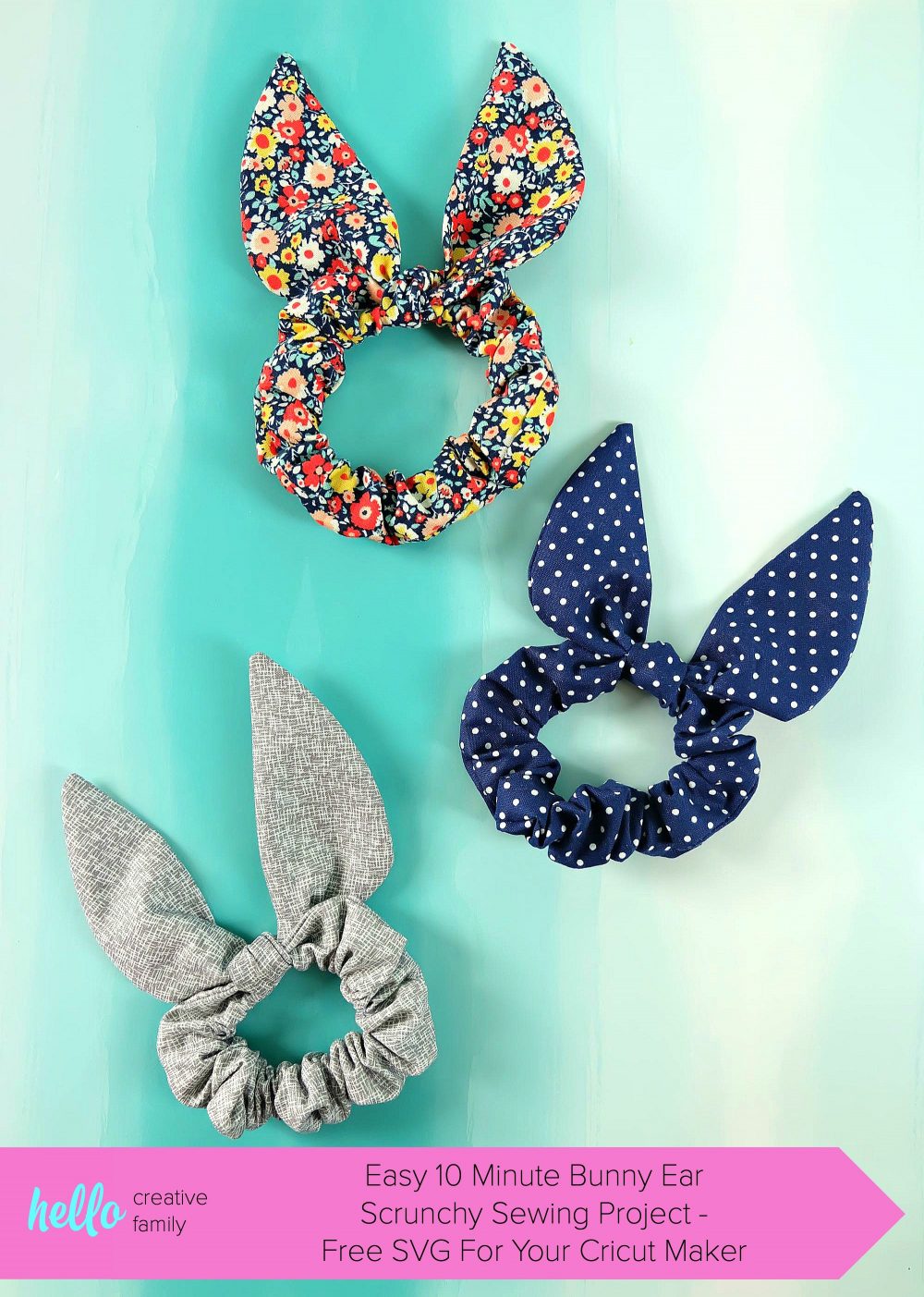 Some people call them a bunny ear scrunchy others a knot or bow scrunchy, whatever they are called, they sure are cute!. Sew one with our easy 10 minute sewing tutorial using our step by step instructions with photos and our free Cricut Maker SVG cut file! This quick and easy sewing project makes a great handmade gift! Perfect for Easter basket stuffers, stocking stuffers, presents for girls and party favors! #Sewing #EasySewing #CricutMaker #CricutMade