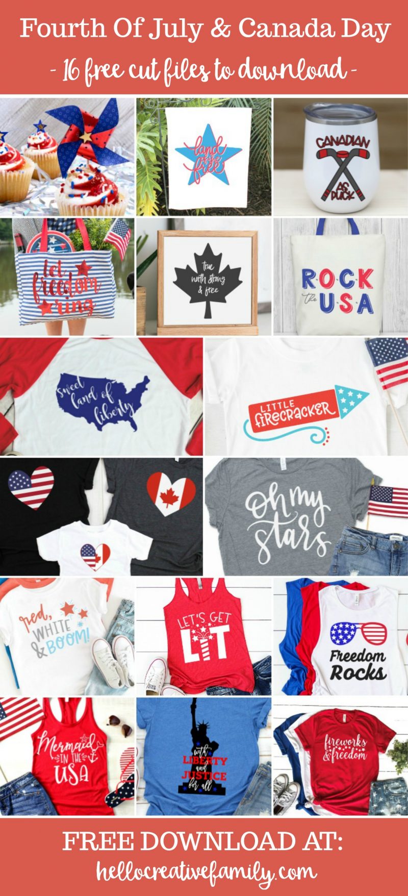 We're sharing 16 Free Canada Day and Fourth Of July SVG Cut Files including our very own Canadian Flay and US Flag Heart cut files. So pull out those Cricuts and Silhouettes and craft up an easy project! Whether you are Canadian or American we've got the patriotic SVG files you need for an awesome July! #Cricut #Silhouette #CanadaDay #FourthOfJuly #SVG