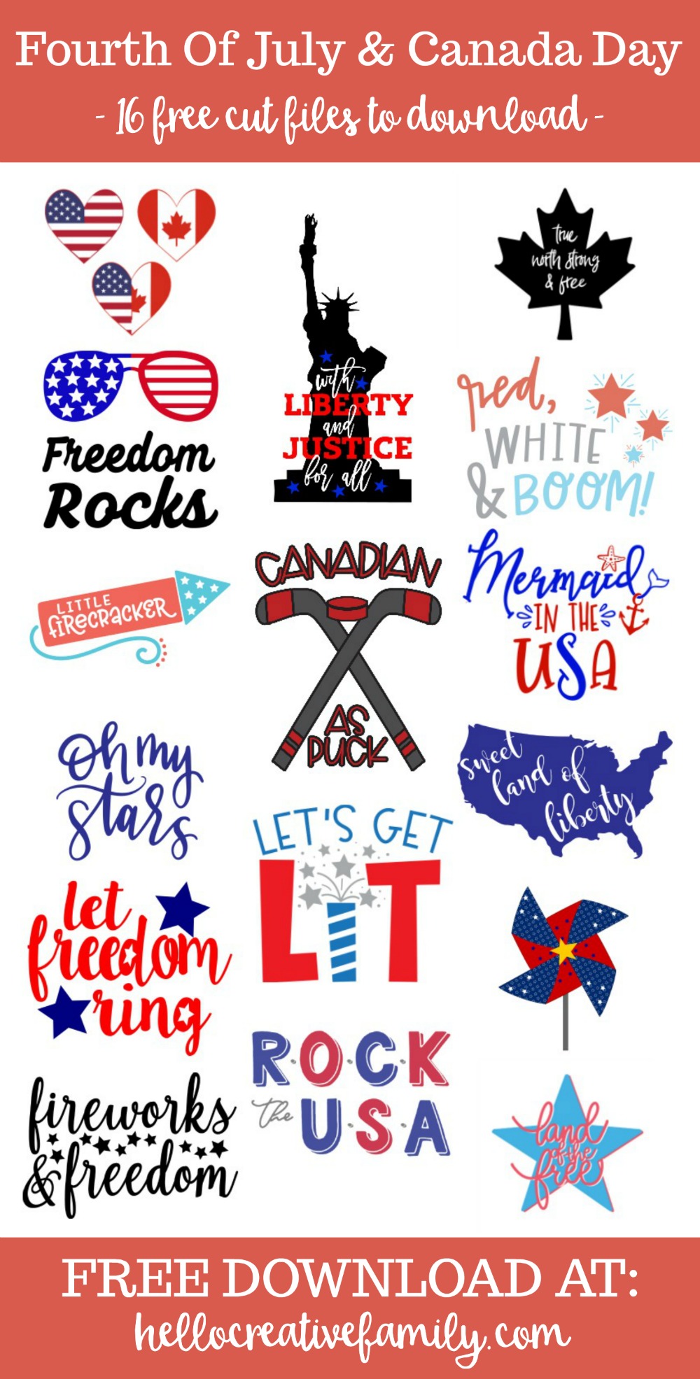 We're sharing 16 Free Canada Day and Fourth Of July SVG Cut Files including our very own Canadian Flay and US Flag Heart cut files. So pull out those Cricuts and Silhouettes and craft up an easy project! Whether you are Canadian or American we've got the patriotic SVG files you need for an awesome July! #Cricut #Silhouette #CanadaDay #FourthOfJuly #SVG