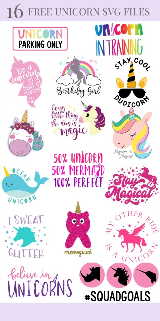 We're sharing 14 Free Unicorn SVG Cut including our very own Meowgical Caticorn cut file. So pull out those Cricuts and Silhouettes and craft up an easy project! Perfect for unicorn themed birthday parties, unicorn shirts and unicorn room decor! #Cricut #Silhouette #unicorn #CutFile #FreeSVG #SVG