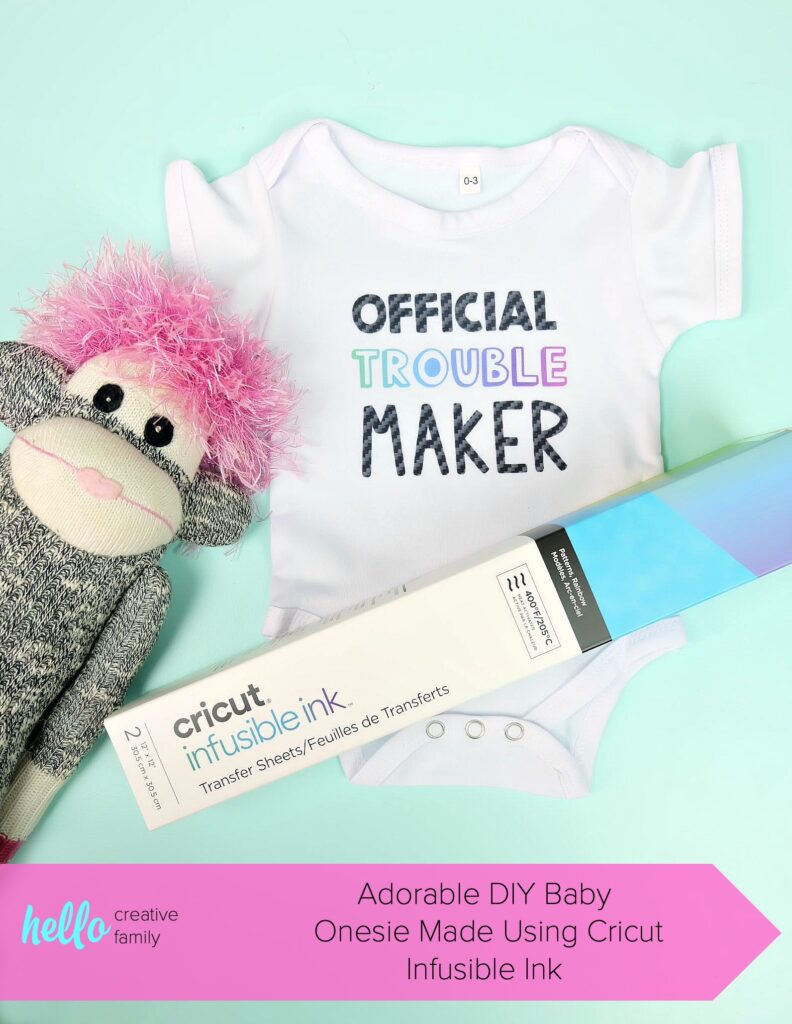 Learn how to use Cricut Infusible Ink to make this adorable DIY baby onesie! It's an easy craft idea that makes a super cute handmade baby gift! Includes step by step instructions for using Infusible Ink! #Ciricut #BabyShower #Handmade #InfusibleInk #CricutMade