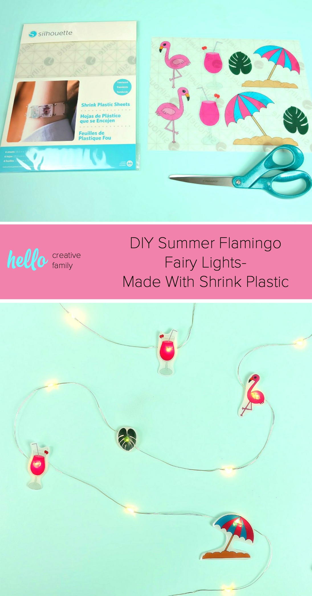 Create an adorable set of DIY Summer Flamingo Fairy Lights using shrink plastic (aka Shrinky Dinks) and our free summer flamingo printable. Perfect for summer decor or tropical themed luau birthday parties! Fun and oh so easy to make! #ShrinkyDinks #Flamingo #SummerCrafts #DIY