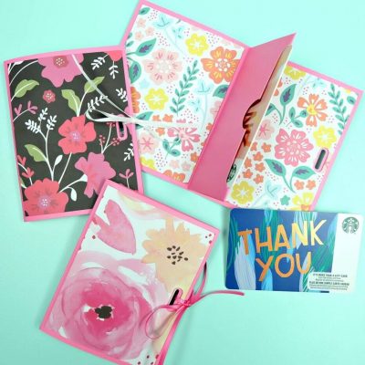 Add a handmade touch to gift cards for birthday's, teacher gifts, shower gifts, party favors or wedding presents with these easy DIY gift card holders! Make this paper craft in minutes using your favorite scrapbook paper and your Cricut! A quick and easy handmade gift idea! #papercrafts #Cricut #CricutMade #giftcards