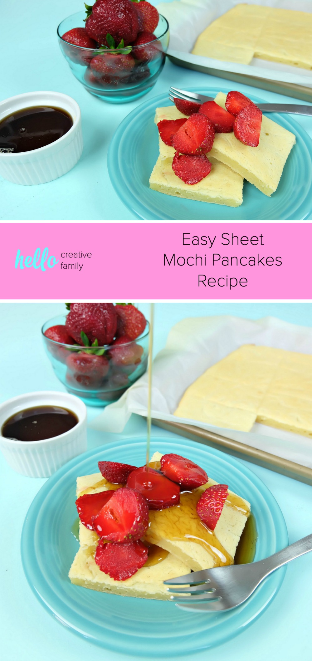 We've taken our favorite Japanese candy and turned it into and quick and delicious breakfast with our easy sheet mochi pancakes recipe! With a mochi filling and a golden crust, your family won't be able to get enough of these pancakes! Make the batter in less than 5 minutes and then and pop it in the oven for a low maintenance breakfast-- no pancake flipping required. Extras can be stored in the fridge for breakfast all week long! #Breakfast #mochi #pancakes #recipe