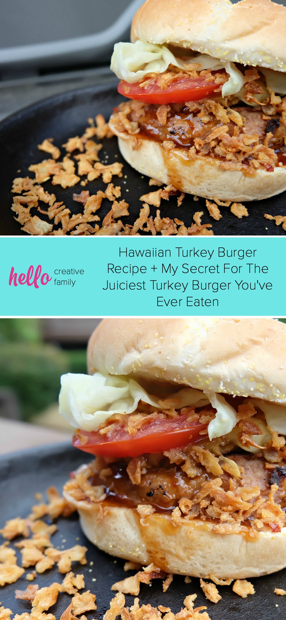 Fire up the BBQ and get out of the hot kitchen! We're sharing with you the best burger recipe you've ever tasted-- Our Hawaiian Turkey Burger Recipe. We're also sharing our secrets for making the juiciest turkey burger you've ever eaten. Juicy, flavorful and healthy you'll feel good about feeding this easy meal to your family! #Turkey #Burger #HawaiianFood #Recipe #Sponsored