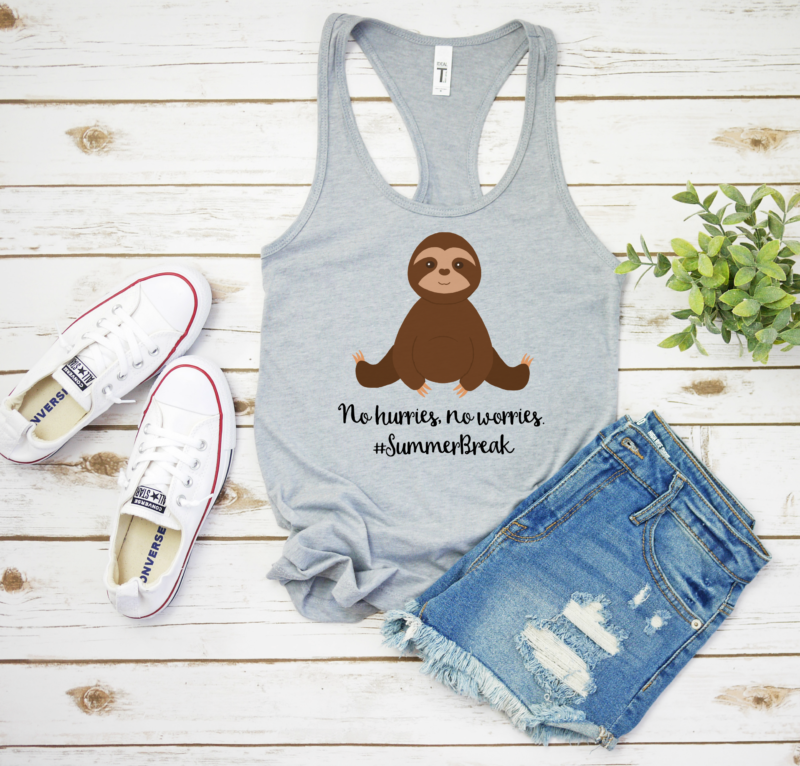Use our adorable free summer break sloth cut file to make a tote bag, zippered pouch or tank top that's perfect for summer! We're sharing the free cut file along with step by step instructions on how to use the Cricut Print & Cut feature. The perfect handmade gift idea for sloth lovers! #Cricut #Sloth #Summer #Crafts