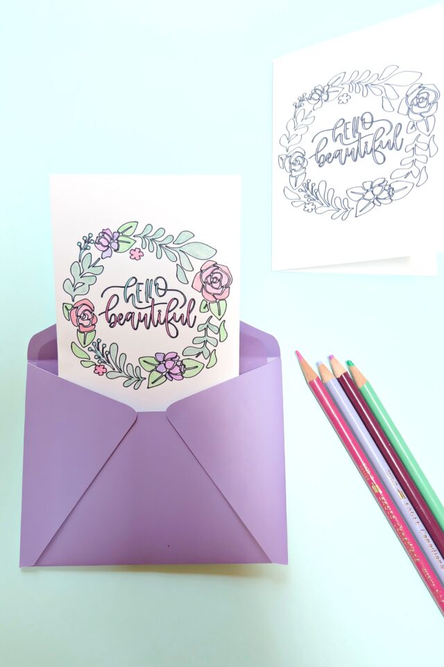 Use the draw function on your Cricut to create this gorgeous "Hello Beautiful" DIY Coloring Card! Includes step by step instructions and a link to the cut file! The perfect "just because" or "thinking of you" card for friends! #Cricut #CricutMade #Card #DIY #Craft
