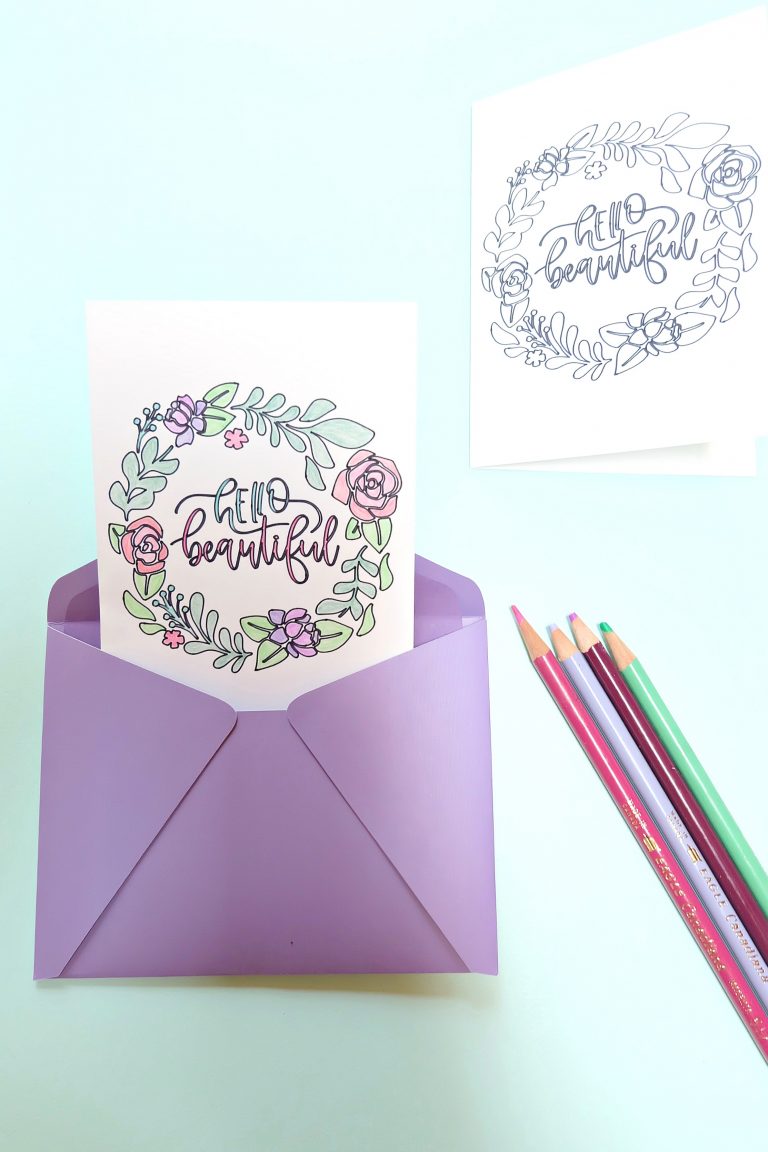 Use the draw function on your Cricut to create this gorgeous "Hello Beautiful" DIY Coloring Card! Includes step by step instructions and a link to the cut file! The perfect "just because" or "thinking of you" card for friends! #Cricut #CricutMade #Card #DIY #Craft