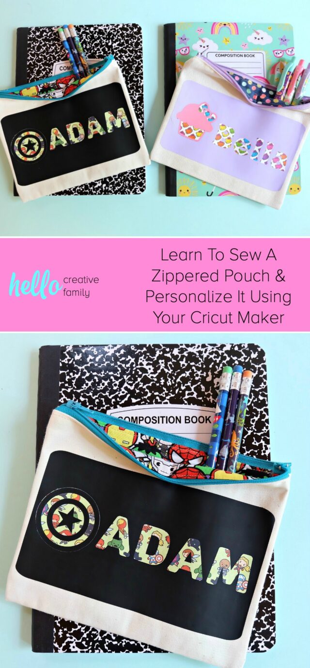 Learn how to sew a DIY Avengers Pencil Pouch or Hello Kitty zippered bag using your Cricut Maker to cut the fabric and customize the design! The perfect craft project for back to school! A quick and easy sewing project you'll refer back to again and again! #Sewing #BackToSchool #CricutMade #CricutCreated #Sponsored