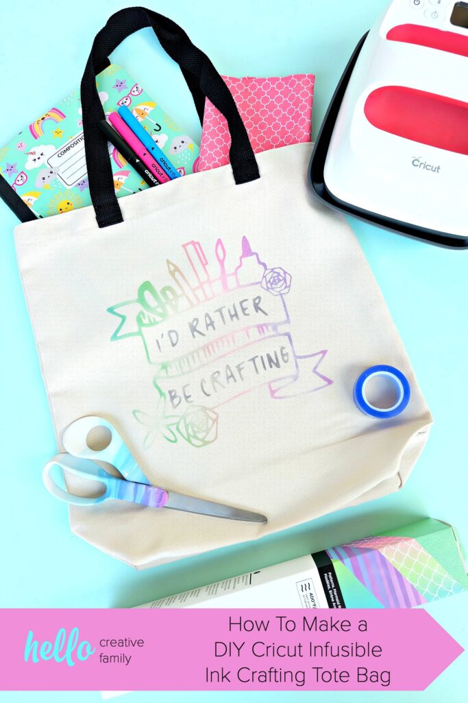 Make a gorgeous rainbow "watercolor" craft tote bag using Cricut Infusible Ink that says "Id rather be crafting!"! We're sharing all the tips and tricks that you need to know to use Cricut Infusible Ink! Follow along as we share step by step instructions for this fun and easy craft project! #CricutMade #crafting #infusibleink #sponsored