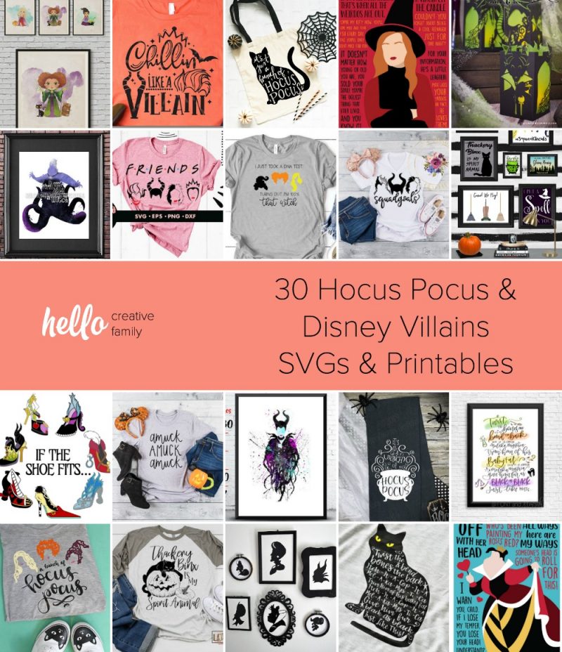Get your Halloween crafting on! We're sharing 30 of our favorite Hocus Pocus and Disney Villains SVGs and Printables so you can make fun and easy crafts for Halloween! Featuring the Sanderson sisters, Thackery Binx, Ursula Maleficent, The Queen of Hearts and more! #DisneyVillains #HocusPocus #HalloweenCrafts #Cricut #Silhouette
