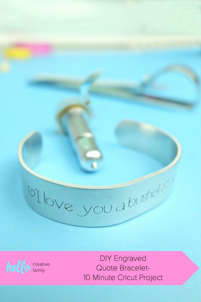 Learn how to use your Cricut Maker to engrave and make a pretty DIY Engraved Quote Bracelet in 10 minutes or less. A beautiful and easy personalized handmade gift idea. #CricutCreated #CricutMade #DIYJewelry #HandmadeGift