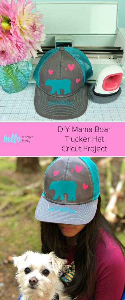 Make a DIY Mama Bear Trucker Hat using your Cricut with our easy step by step instructions! The perfect handmade gift for moms, new mamas and mommies to be! So fun to wear camping and in the great outdoors! An easy project for the Cricut Maker or Cricut Explore using the Cricut EasyPress Mini! #CricutCreated #CricutMade #DIYCamping #MomGift #Sponsored 