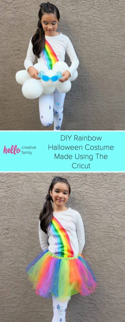Create an Easy DIY Rainbow Halloween Costume out of leggings and a white shirt using your Cricut Maker or Cricut Explore Air 2! It's the perfect tween Halloween Costume! We're sharing step by step photos and the cut file to create this costume at home! #Cricut #HalloweenCostume #Rainbow #CricutCreated #Sponsored 