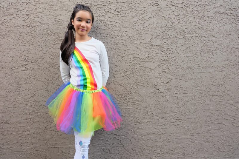 Create an Easy DIY Rainbow Halloween Costume out of leggings and a white shirt using your Cricut Maker or Cricut Explore Air 2! We're sharing step by step photos and the cut file to create this costume at home! #Cricut #HalloweenCostume #Rainbow #CricutCreated #Sponsored 